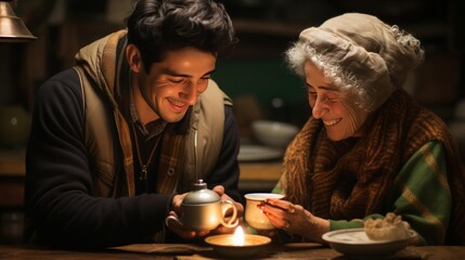 young man caring for an elderly woman