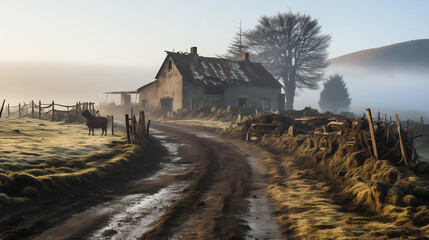 Dans la brume matinale, la ferme abandonnée éveille les récits d'un passé lointain, écho d'âmes passées. - obrazy, fototapety, plakaty