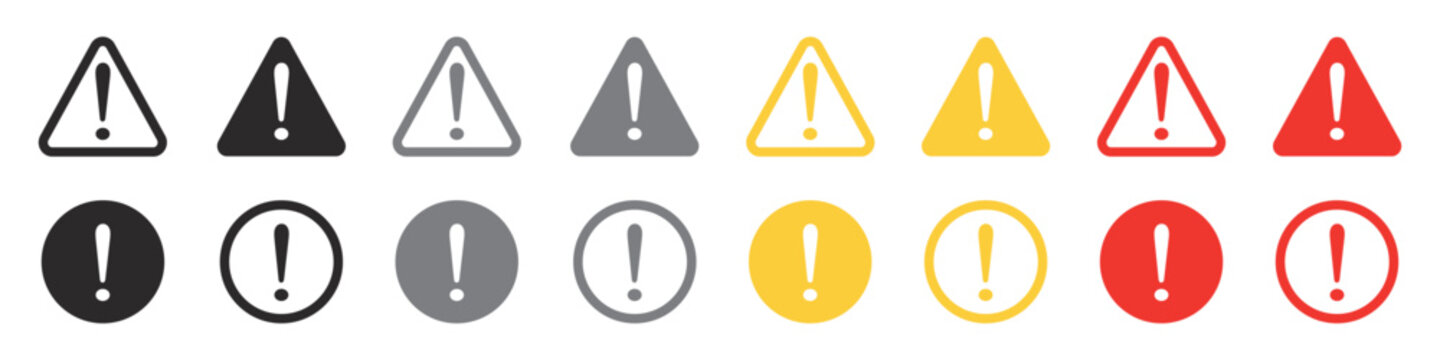 Set of caution signs. Caution alarm, fatal error message, exclamation mark. Triangle and circle warning, alert symbol. Vector. EPS10.