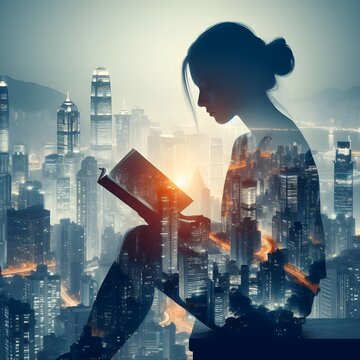 Silhouette of a woman sitting on a bench in the city and reading a book. Toned image double exposure.