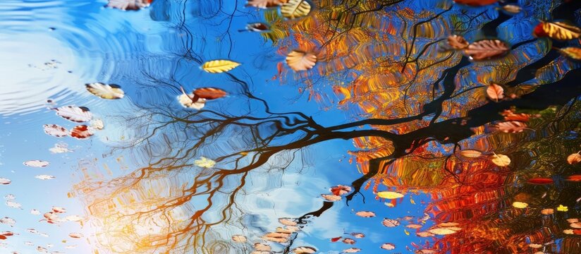 The image shows the reflection of a tree in the blue waters of a lake in a colorful park. The tree branches, sunlight, and autumn leaves create a striking visual display.