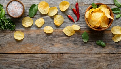 Fototapeta na wymiar Crispy potato chips, salt and hot chili pepper on wooden table. Tasty snack. Flat lay