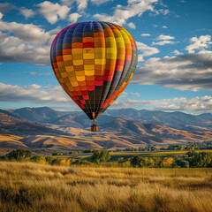 Fototapeta premium Colorful Hot Air Balloon Soaring Over Scenic Mountain Landscape