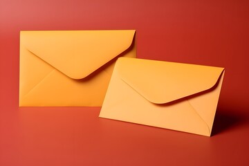 Two envelopes of pink orange colors on a red background. Flat lay mockup for valentines day, wedding or birthday