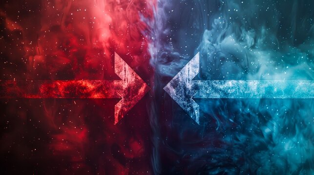 Striking visual of contrasting red and blue arrows amidst an atmospheric smoky backdrop, symbolizing opposition or choice