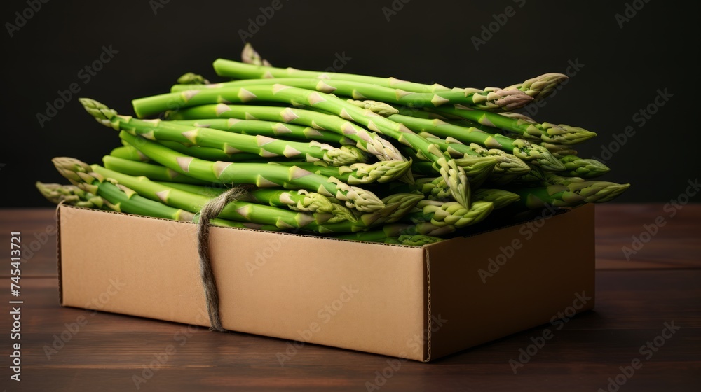 Poster a box overflowing with fresh, green asparagus, close-up realistic photo generative ai