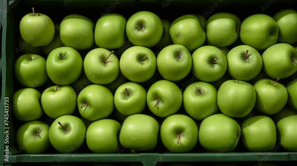 Poster a box packed with crisp green apples, close-up realistic photo generative ai