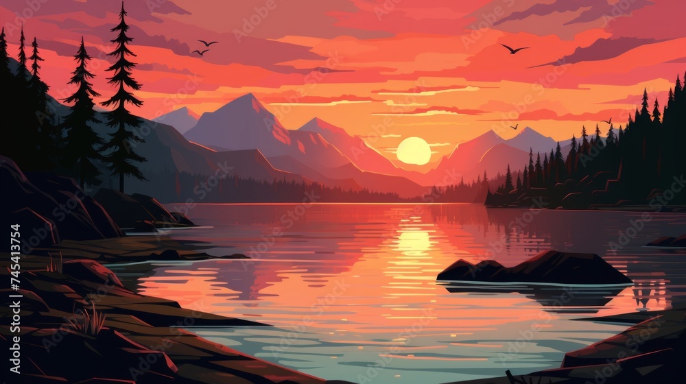 Poster generative ai a breathtaking sunset over a calm lake with mountains in the background.