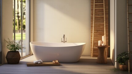 Fototapeta na wymiar Generative AI A Japanese-style bathroom with a soaking tub, bamboo accents, and minimalist design. photorealistic