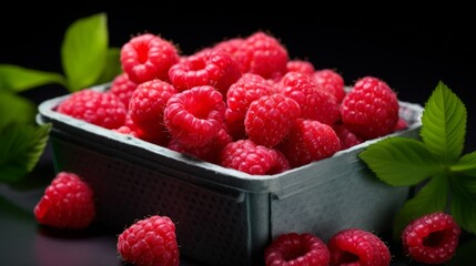 A box of fresh, sweet raspberries, close-up realistic photo Generative AI