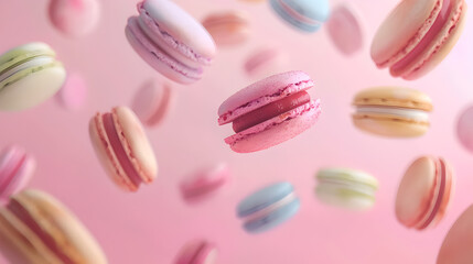 Colorful macarons float isolated in the air with pastel rose background