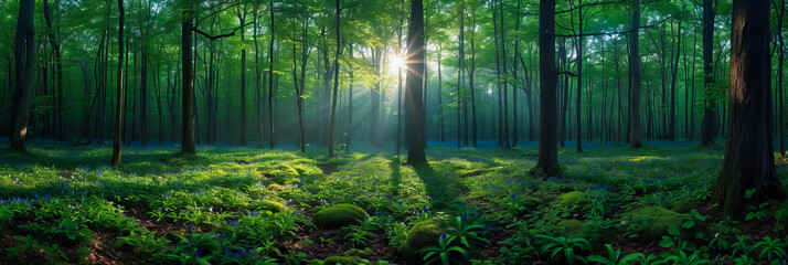 Morning Glory in the Forest. Sunbeams Dancing Through the Woodland - obrazy, fototapety, plakaty