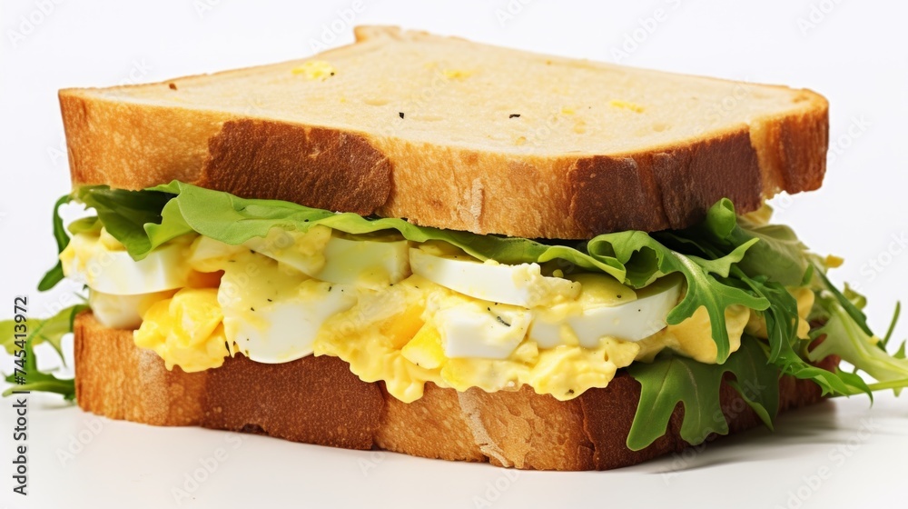 Poster a classic egg salad sandwich captured in a close-up realistic photo against a white background gener