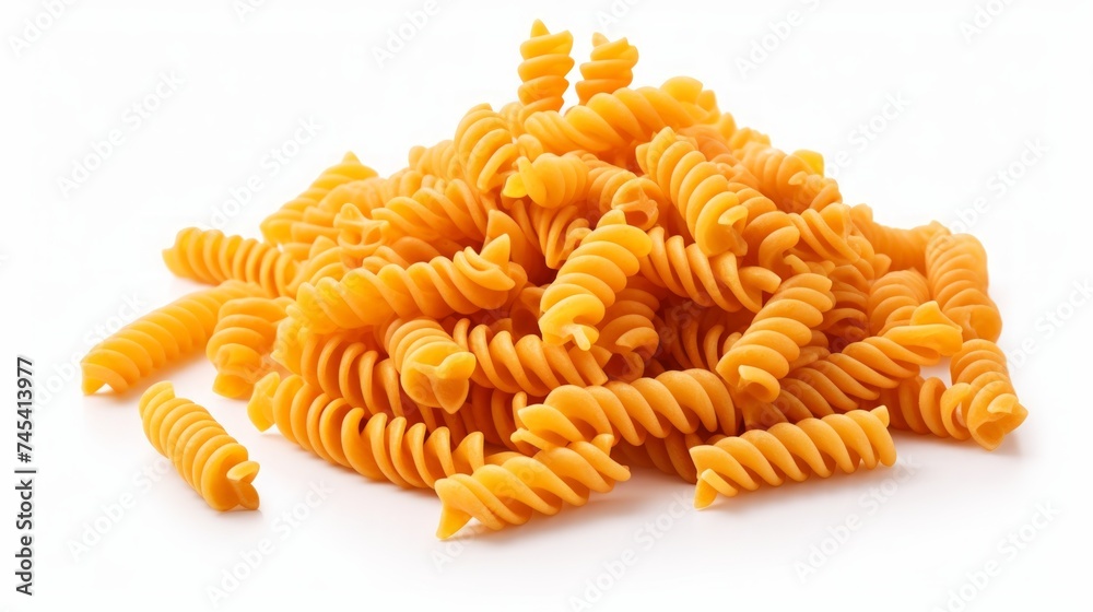 Poster A close-up realistic photo of a heap of fusilli pasta on a white background Generative AI