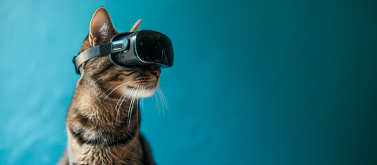 Tabby Cat with VR Glasses on Blue Background - Funny Animal Portrait Banner with Copy Space