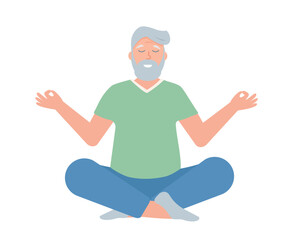 Elderly man doing yoga in lotus position. Senior male character isolated on white background. Sport active healthy lifestyle concept. Vector cartoon or flat illustration.