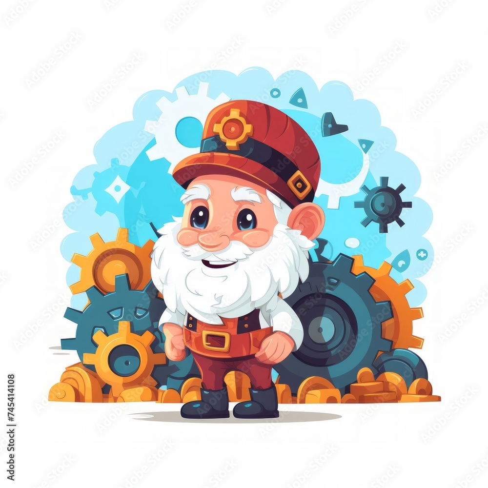 Poster Generative AI A curious gnome-like character tinkering with gears, portraying a young inventor.