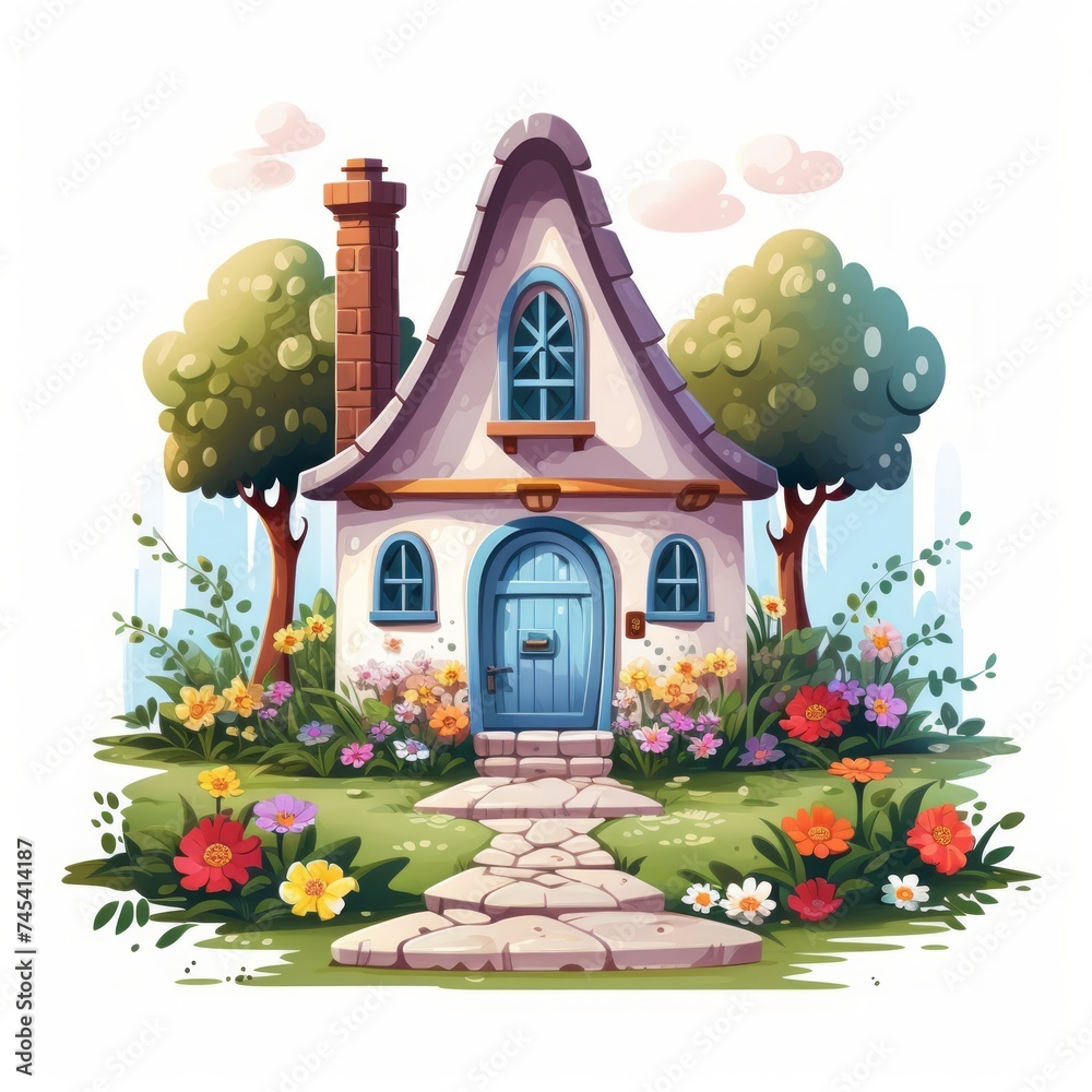 Poster generative ai a delightful miniature house with vibrant shutters and a well-kept garden path.