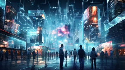 Generative AI A cybernetic cityscape illuminated by neon lights, augmented reality interfaces, and bustling crowds immersed in an advanced digital ecosystem - obrazy, fototapety, plakaty