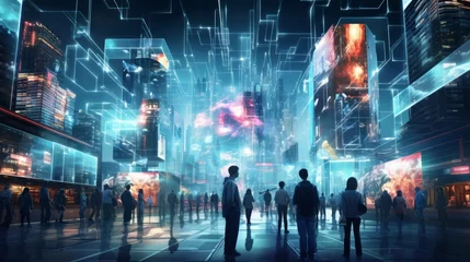 Foto op Plexiglas Generative AI A cybernetic cityscape illuminated by neon lights, augmented reality interfaces, and bustling crowds immersed in an advanced digital ecosystem © vadosloginov