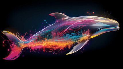 Whale Animal Plexus Neon Black Background Digital Desktop Wallpaper HD 4k Network Light Glowing Laser Motion Bright Abstract - obrazy, fototapety, plakaty