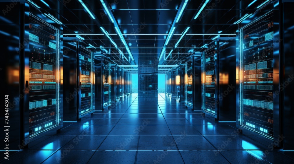 Poster generative ai a detailed illustration of server racks and data storage units within a render farm, e