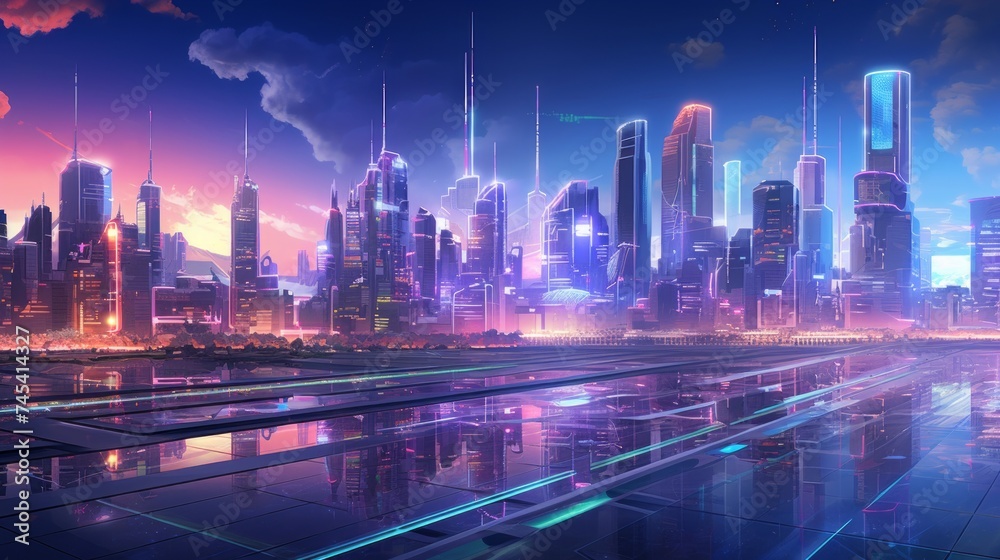 Poster generative ai a digital painting of a city skyline filled with holographic projections, advanced ai 
