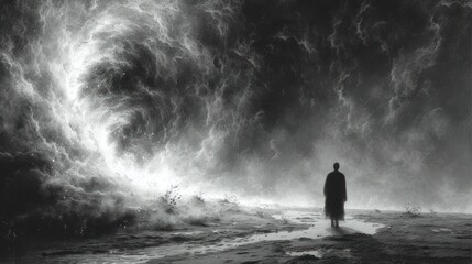 a black and white photo of a man standing in front of a huge cloud of black and white smoke, with a person standing in the middle of the foreground.