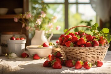Fototapeta na wymiar ipe strawberries in wicker basket bask in golden light, soft-focus and vintage croery.