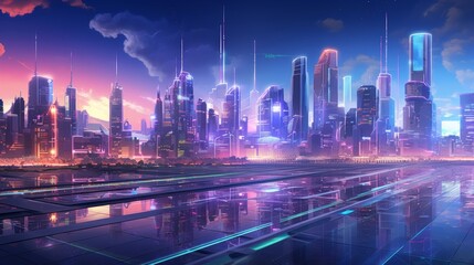 Fototapeta na wymiar Generative AI A digital painting of a city skyline filled with holographic projections, advanced AI systems, and sustainable infrastructure set against a vibrant atmosphere