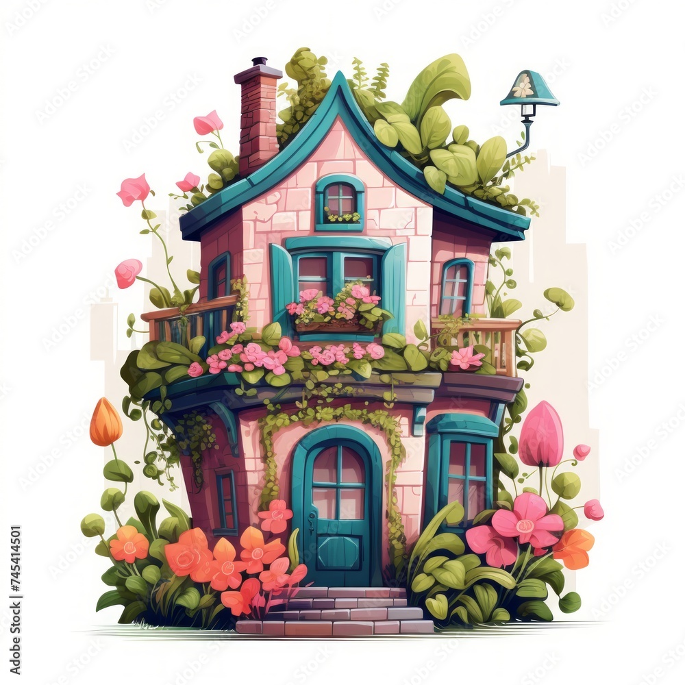 Poster Generative AI A fairytale abode featuring a vibrant rooftop garden and quaint window boxes.