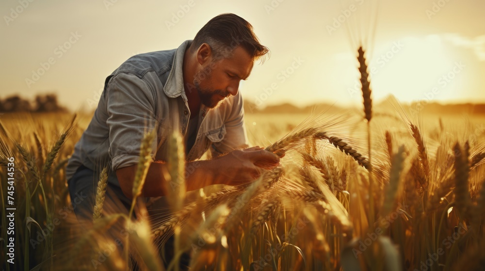 Poster generative ai a farmer inspecting a lush green wheat field, checking the growth progress and quality