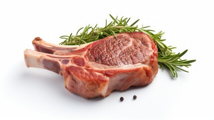 A flavorful lamb chop captured in a close-up realistic photo against a white background Generative AI