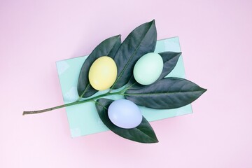 easter egg with green leaves on pink background 
