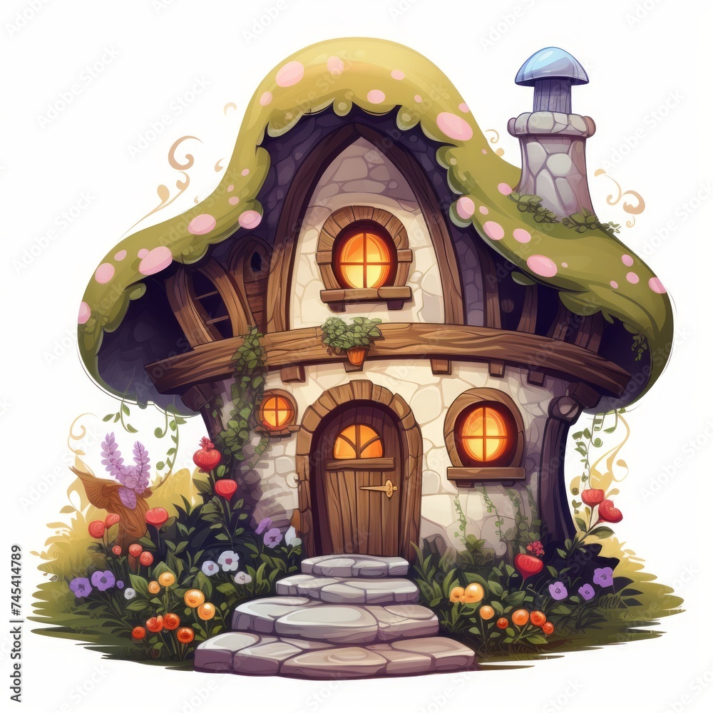Aufkleber Generative AI A magical tiny house with a cobblestone pathway and a cozy hearth inside.