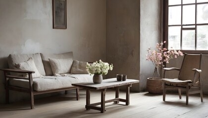 In a wabi-sabi-style living room with flowers on the table and by the window, sits a beige couch armchair. 