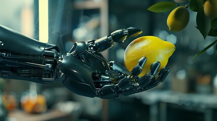 robot hand holding lemon