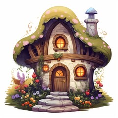 Generative AI A magical tiny house with a cobblestone pathway and a cozy hearth inside.