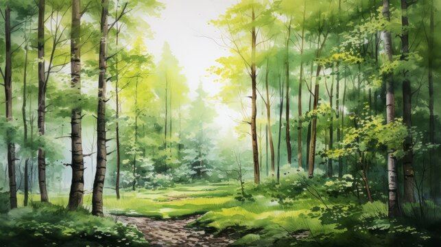 Generative AI A lush, green forest with towering trees and sunlight filtering through. landscape watercolor