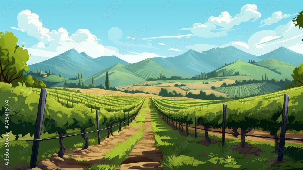 Poster Generative AI A picturesque vineyard with rows of grapevines and hills in the backdrop.