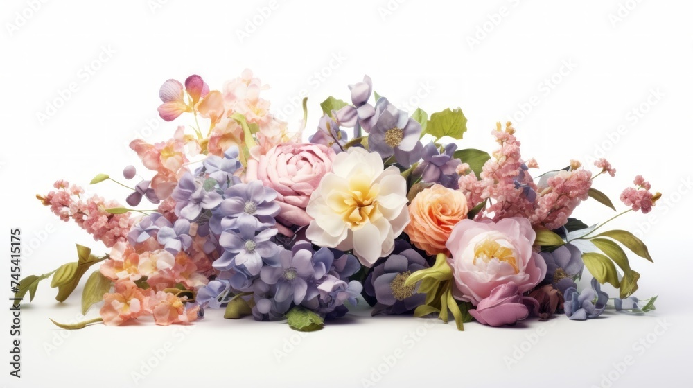 Poster generative ai a picturesque display of a pastel-colored floral bouquet against a clean white backdro