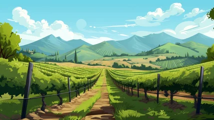Poster Generative AI A picturesque vineyard with rows of grapevines and hills in the backdrop. © vadosloginov