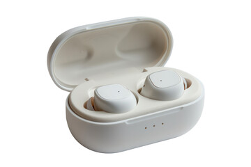 Sleek white wireless earbuds in case, cut out - stock png.