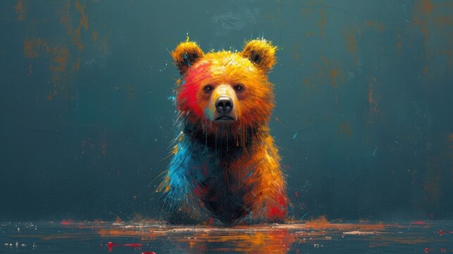 Colorful Teddy Bear, Bear with a Blue and Red Face, Artistic Portrait of a Teddy Bear, Vibrant Painting of a Brown Bear.