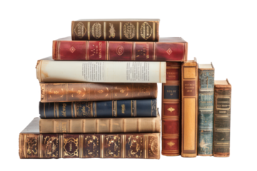 Vintage books piled in a stack, cut out - stock png.