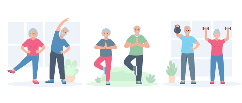Set of Happy Elderly people doing sport exercises. Senior men and women active healthy lifestyle concept. Vector cartoon or flat illustration.
