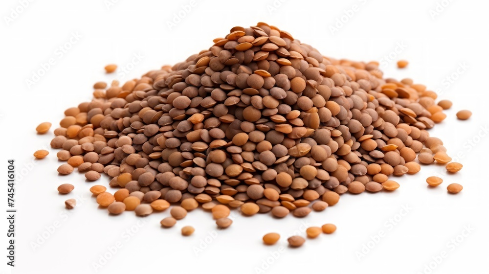 Poster A small heap of lentils captured in a close-up realistic photo against a white background Generative AI