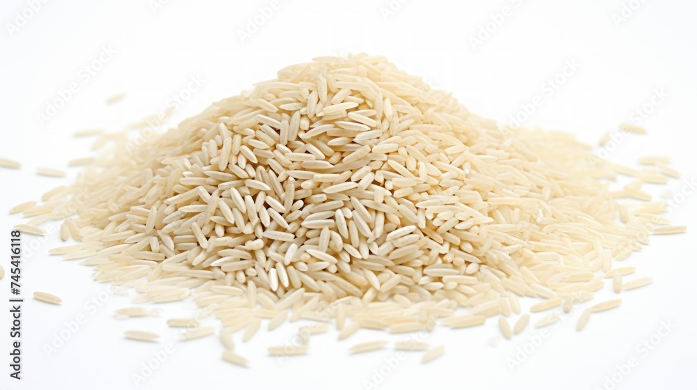 Poster A small heap of rice grains captured in a close-up realistic photo against a white background Generative AI