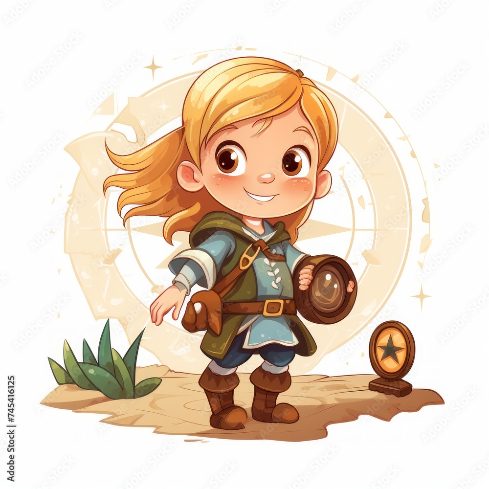 Poster Generative AI A small fairy tale adventurer with a map and compass, on a quest for treasures.