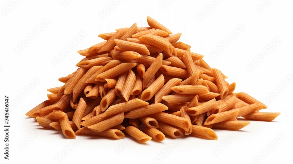 Poster a small mound of penne rigate pasta captured in a close-up realistic photo against a white backgroun